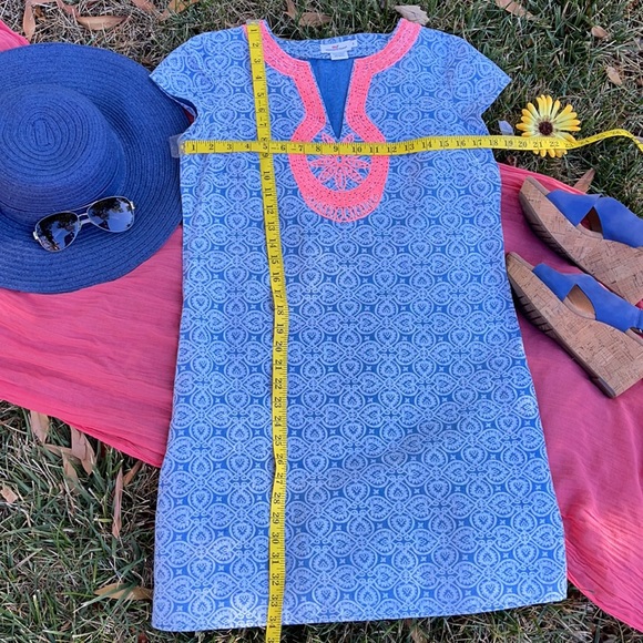 🐳 VINEYARD VINES; Pretty Chambray/Neon Orange Linen/Cotton Dress; Misses Size 2 - Picture 9 of 12